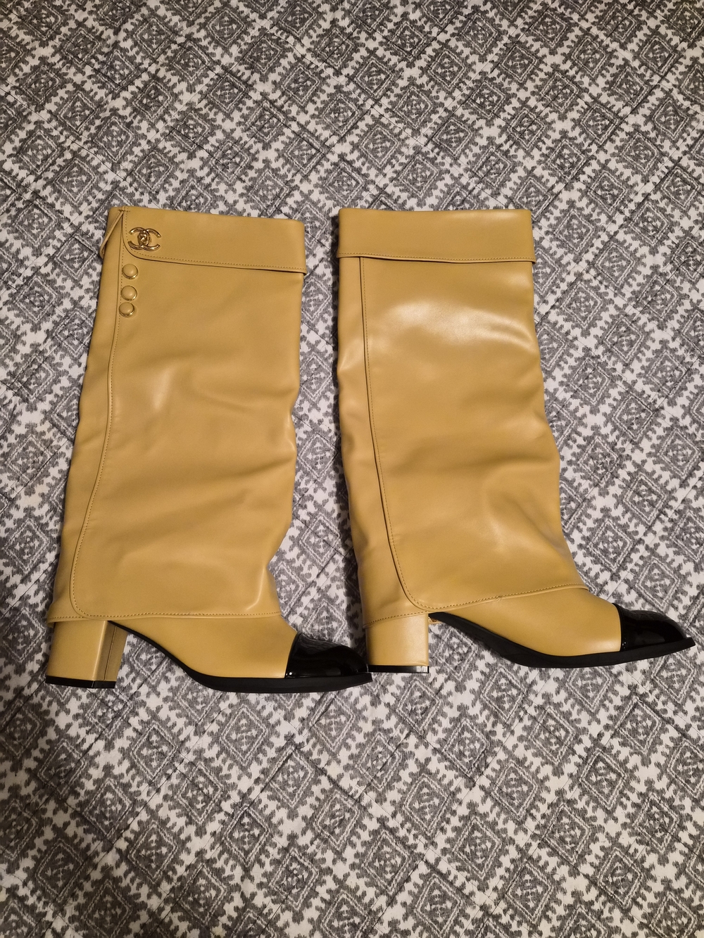 CHANEL Two-Tone Yellow and Black Leather Knee Boots